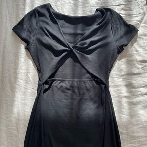 Twist front black ribbed midi dress with cutout